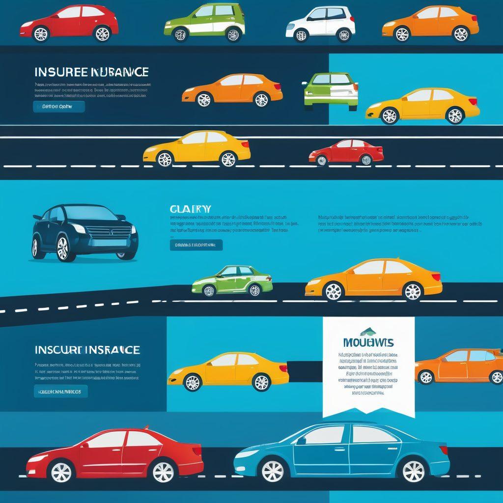 A detailed visual representation of different types of car insurance options, featuring an infographic style layout with icons for liability, full coverage, and collision insurance. The background includes a diverse range of cars symbolizing various drivers - from family cars to sports cars. Include a highway scene subtly in the background, emphasizing safety and protection. Use bright, engaging colors to attract attention while maintaining clarity. vector art. vibrant colors.