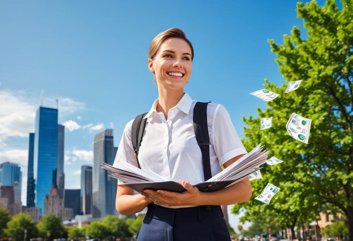 A cheerful person holding a calculator with a stack of insurance policy documents, surrounded by floating dollar signs and discount tags, symbolizing savings and protection. In the background, a vibrant city skyline and green trees indicating financial security. Emphasize bright colors and a modern, engaging look. super-realistic. vibrant colors. 3D.